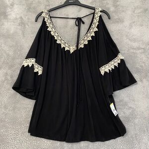 Simply‎ Emma Blouse Top 3X Black V Neckline Cold Shoulder Tunic Boho Flowy